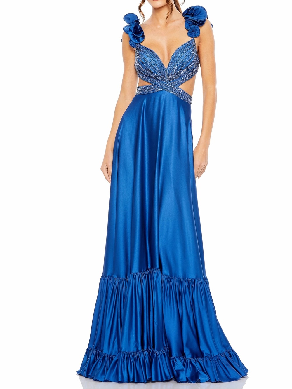 NWT Mac Duggal Elegant Royal Blue Evening Gown with Beaded Bodice 50681